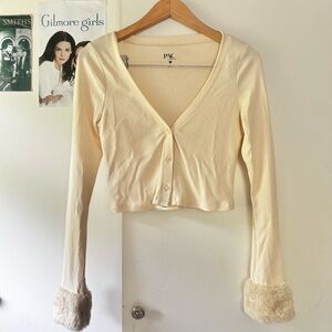 PacSun Cream Long Sleeve Top with Faux Fur Cuffs